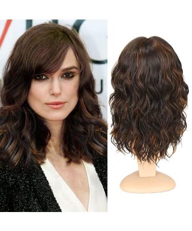 WIGNEE Natural Wave Wigs with Bangs Ombre Brown Curly Bob Wig for Black Women Mixed Brown Hightlights Wig for Women Shoulder Length Wavy Synthetic Wigs(14 Inch) 1-Mixed Brown