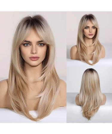 HAIRCUBE Blonde Wigs Long Curly Wigs Shoulder Length Heat Resistant Synthetic Wigs for Women with Bangs Ombre blonde