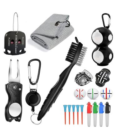 Golf Cleaning Kit (16 in 1) Golf Towel Cleaning Brush Divot Repair Tool Golf Ball Alignment Kit Score Counter Golf Ball Holder & Tee Golf Accessories Make Perfect Golf Gifts for Men or Women!