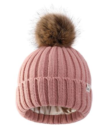 Hat Hut Toddler Beanie Satin Lined Beanie for Baby Winter Hats for Kids Bobble Hat Pom Pom Beanie for Boys Girls One Size A3-Pink