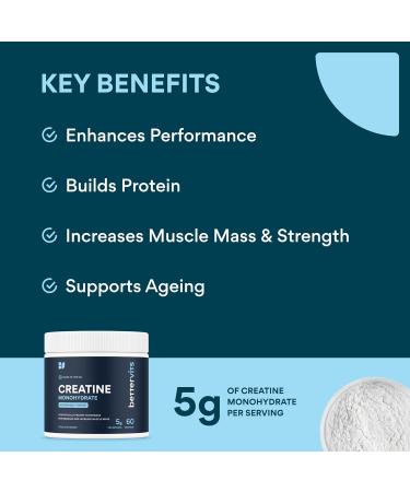 Bettervits Creatine Monohydrate Powder | Micronised | Pre & Post Workout | Unflavoured | 300g | 60 Servings - Buy Online on GoSupps.com