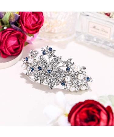 Ever Faith Austrian Crystal Hibiscus Pearl Hair Clip Barrette Blue Silver-Tone - Buy Online on GoSupps.com