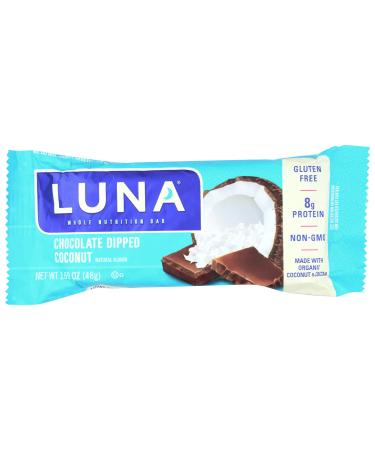 Luna Gluten Free Snack Bar Chocolate Dipped Coconut 8g of Protein Non-GMO Plant-Based Wholesome Snacking On the Go Snack 1.69 Ounce (Pack of 15)
