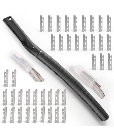 Asenum eyebrow razor with 20 pieces of razor blades matt black facial hair remover for women made of metal zinc alloy facial razor for eyebrows & peach fluff (weight: 42g)