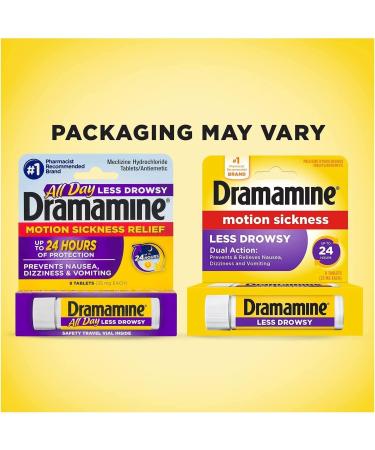Dramamine All Day Less Drowsy Motion Sickness Relief Tablets | 2-Pack, 8 Tablets per Vial, 25 MG Each - Buy Online on GoSupps.com
