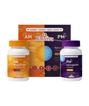 Rhoziva AM PM Rhodiola Rosea L theanine 200mg Ashwagandha Supplement 200mg 30:1 Extract Daytime Energy Supplement Stress Relief Mood Support. Night Time Sleep Support & Calming Supplement For Men & Women. Vitamin B12 Vitamin B6. 60 Capsules.