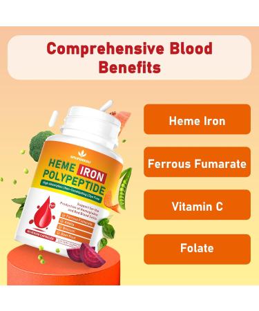Heme Iron Supplement for Women and Men - Easy to Absorb -Gut Friendly Iron Supplement with Folate Vitamin C and Vitamin A - Vegan - 60 Caps - Buy Online on GoSupps.com