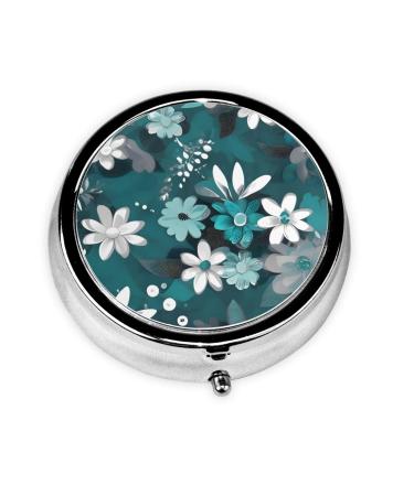 Teal Grey and White Floralround Pill Box 3 Compartment Round Pill Box Organizer Portable Travel Pill Box for Traveling.