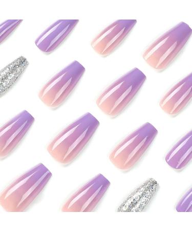 Shop Press on Nails - Medium Coffin Purple French Gradient - Glitter Full Cover Acrylic Nails | Reusable & Glossy - Perfect for Manicure - Buy Online on GoSupps.com
