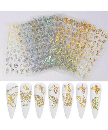 Mocossmy Butterfly Nail Art Stickers  8 Sheets Gold Silver 3D Simulation Butterfly Foil Nail Decals Self Adhesive Holographic Laser Glitter Nail Stickers for Women Girls DIY Acrylic Manicure Decoration