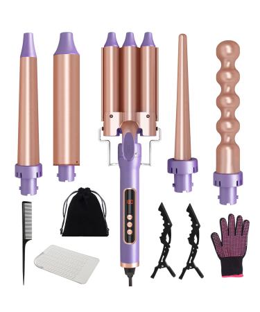 Curling Wand - Hair Curler with 3 Barrel Hair Waver LCD Display /80-230 C Adjustment Temp 5 in 1 Ceramic Curling Iron Set Curling Tongs Interchangeable Waver Curling Wand for Long/Short Hair Rose Gold-purple