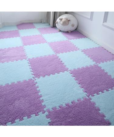 Plush Puzzle Foam Floor Mat Bedroom Block Splicing Floor Mat Household Washable Fluffy Play Mat Floor Tiles Soft Climbing Area Rugs for Home Playroom Decor/Exercise Gym Mats Purple+light Blue