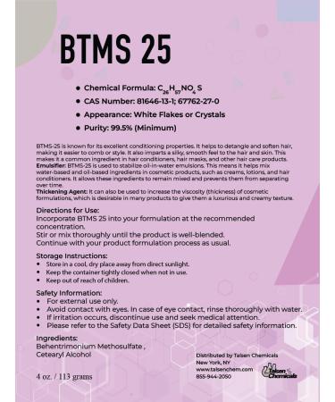 Buy BTMS 25 Conditioning Emulsifier 4 Oz - Premium Behentrimonium Methosulfate for Lotions & Body Scrubs | Talsen Chemicals - International Shipping Available - Buy Online on GoSupps.com