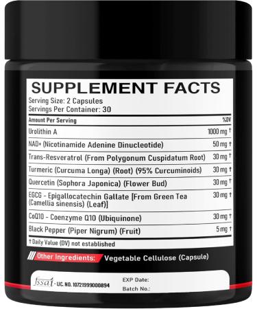DEDICAD Urolithin A Supplement 1000mg with NAD+, CoQ10, Resveratrol and 4 More for Men & Women - 60 Capsules for 30 Days - Buy Online on GoSupps.com