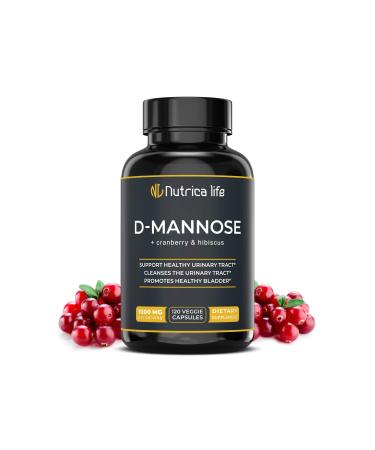 Nutrica Life D Mannose 1000mg Capsules, Potent D-Mannose & Cranberry Pills with Hibiscus Extract, Strength Urinary Tract Infection UTI Support, Healthy Bladder Control & Kidney Cleanse (120 Capsules) 120 Count (Pack of 1)