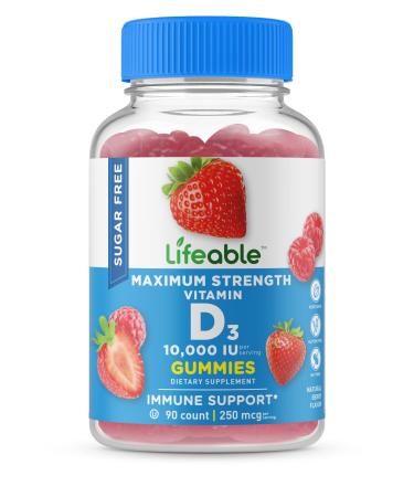 Lifeable Sugar Free Vitamin D 10 000 IU  Great Tasting Natural Flavor Gummy Supplement  Gluten Free Vegetarian GMO-Free Chewable  for Immune Support and Bone Health  for Adults  90 Gummies