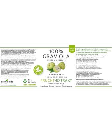  Graviola.de 100% Soursop Fruit Extract 4000mg High dosage -10:1/180 capsules of 400mg - No pesticides additives anti-caking agents. - Buy Online on GoSupps.com