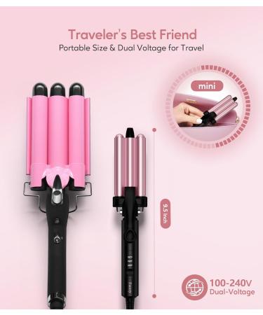 Buy Mini Hair Crimper & Waver - 3 Temperature Adjustable 3 Barrel Curling Iron for Beach Waves - Travel Size Dual Voltage Digital Temp - Rose Pink - Buy Online on GoSupps.com