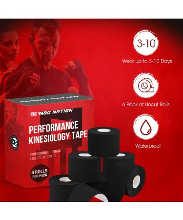 WOD Nation Latex-Free Kinesiology Tape Roll 6-Pack - Waterproof Athletic Tape for Pain Relief - 2 Inch x 16.4 Feet Roll Black 6pk - Buy Online on GoSupps.com