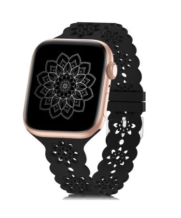 Floral Silicone Band Compatible with Apple Watch Bands 38mm 40mm 42mm 44mm 41mm 45mm 49mm Women Men, Slim Hollow-Out Design Wristbands Soft Sport Breathable Watch Bands for iWatch Ultra SE Series 8/7/6/5/4/3/2/1 Black 38mm/40mm/41mm