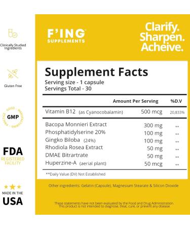 F'ing Clarity - Clarity Memory + Brain Boosting Nootropic Supplement | Bacopa Extract Phosphatidylserine 20% Gingko Biloba Extract Rhodiola Rosea Extract DMAE Bitrartrate B-12 Huperzine A - Buy Online on GoSupps.com