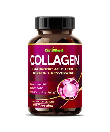 GriMed Organic Collagen 6 419 mg with Hyaluronic Acid Biotin Keratin Resveratrol Hair Skin Nails Vitamins (150 Count (Pack of 1))