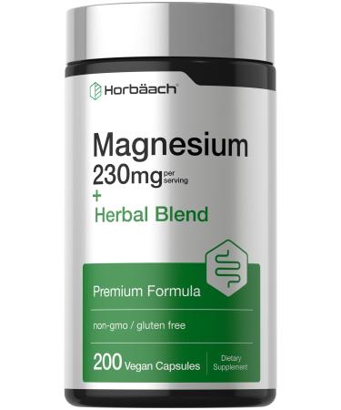 Horbaach Magnesium 230 mg | Plus Herbal Blend | 200 Vegan Capsules | Non-GMO and Gluten Free Supplement