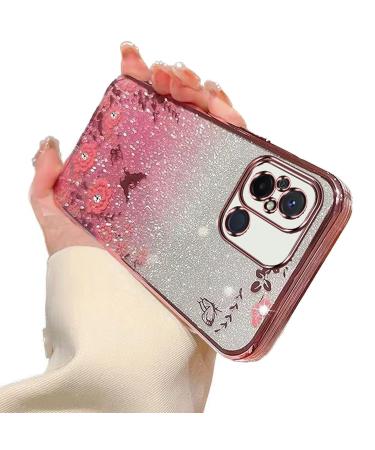 Tivenfezk nadoli glitter diamond case for xiaomi redmi 12c sparkle flower butterfly cell phone case soft slope cover frame glossy silicone rhinestos etui protective cover xiaomi redmi 12c pink
