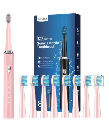 Sonic Electric Toothbrush for Adults and Kids - Rechargeable Sonic Toothbrush with 8 Brush Heads 120 Days of Use with 3-Hour Fast Charge 5 Modes with 2 Minutes Timer Gift for Family 1 count (Pack of 1) Pink