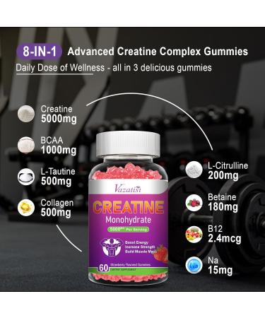 Creatine Monohydrate Gummies for Women & Men Sugar Free Vegan Creatine Supplement Natural Strawberry Flavor 60 Count Strawberry 60 Count (Pack of 1) - Buy Online on GoSupps.com