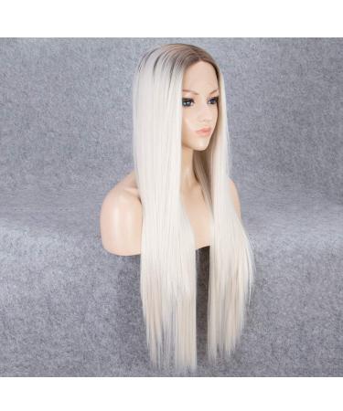 SHIYID Platinum Lace Front Wig - Blonde & Brown Roots | Long Silky Straight Synthetic Wig for Women - Heat Resistant - Buy Online on GoSupps.com