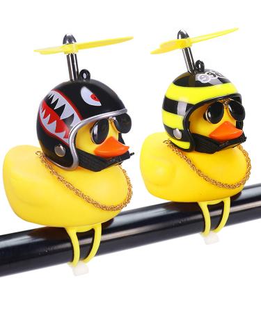 wonuu Rubber Duck Car Ornaments, 2Pcs Yellow Duck Car Dashboard Decorations Squeeze Duck Bicycle Horns with Propeller Helmet Shark&bee