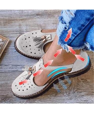 Creev Women's Flat Leather Sandals with Tassels | Closed Toe Ankle Strap Vintage Beach Style Dark Gray 40-43 EU - Buy Online on GoSupps.com