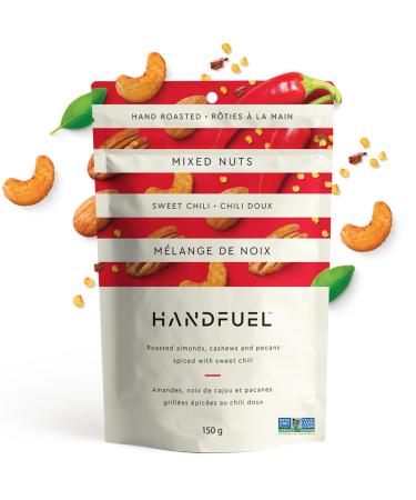 Handfuel Sweet Chili Mixed Nuts Hand Roasted Salted Cashews Candied Pecans 6g of Protein Non-GMO Vegan Friendly Plant Based Flavoured Nuts Gluten Free - 150 Grams