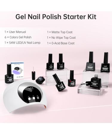 LKE Gel Nail Polish Kit - 54W UV Light 6 Color Set (White Black Red Pink Gold Silver) - Glossy & Matte Gel Top/Bottom Coat & Nail Art Tools for DIY Manicure - Buy Online on GoSupps.com