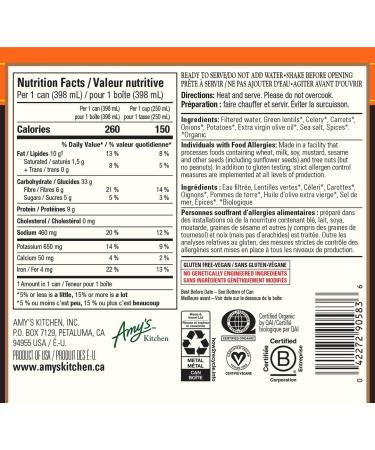 Amy s Kitchen Organic Lentil Soup Lower in Sodium Vegan Gluten-Free Dairy-Free Soy-Free Kosher Plant-Based 12-pack (398ml per can) - Buy Online on GoSupps.com