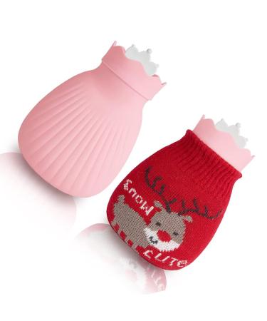 Heat bottle 500ml mini heat sack for hot cold compress with Christmas moose Hirsch knitted cover hand feet warmer heated pad neck shoulder pain relief removable (red)