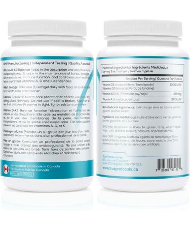 TRUE PROTOCOLS - Vitamin D-K2 Balance - Vitamin D3 (1000 IU) + Vitamin K2 MK7 (120 mcg) + Vitamin A (500 IU) - 240 Bioavailable Softgels For Strong Bones & Improved Muscle Function - 100% Non-GMO D3 K2 A Supplement 240 count (Pack of 1) 240.0 - Buy Online on GoSupps.com