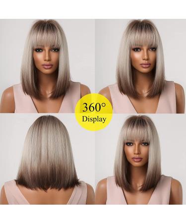 Esmee Short Straight Brown Blonde Ombre Bob Wig for Women - 14 Inch Synthetic Cosplay Wig with Fringe, Heat Resistant & Natural Hair Look - Dark Roots & Gray Highlights - Buy Online on GoSupps.com