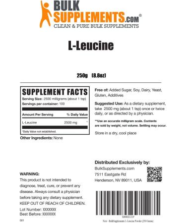 BulkSupplements.com L-Leucine Powder - Amino Acid Nutritional Supplements - BCAAs Amino Acids Powder - L Leucine Powder - BCAA Supplements - Amino Acids Supplement for Men (250 Grams - 8.8 oz) - Buy Online on GoSupps.com