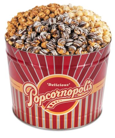 Popcornopolis Gourmet Popcorn 2 Gallon Tin, Popped Popcorn Gift, Variety Flavors, Caramel Corn, Zebra & Kettle Corn Zebra / Caramel / Kettle Corn 2 Gallon (Pack of 1)