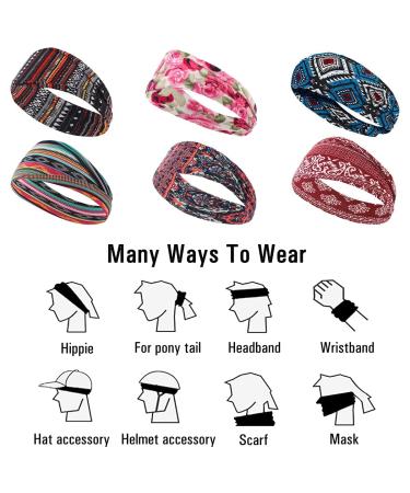 6 Pack Boho Headbands - Stretchy Non Slip Hair Bands for Yoga, Running and Sports - Buy Online on GoSupps.com