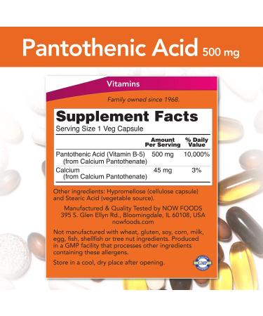 NOW Pantothenic Acid (Vitamin B-5) 500mg - B-Complex Vitamin - 250 Capsules - Buy Online on GoSupps.com