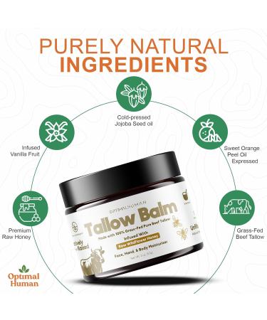 O H Optimal Human Raw Wildflower Honey Balm (2 Oz) 100% Grass-Fed Beef Tallow Balm - Body and Face Tallow Moisturizer - Non-Comedogenic Ultra-Clean Formula For Moisture and Hydration - Buy Online on GoSupps.com