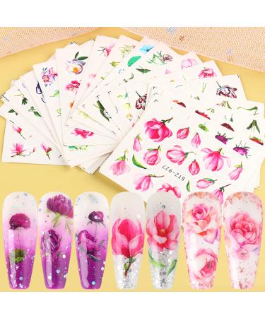 24 Sheets Flowers Nail Art Decals  Holographic Flower Nail Water Transfer Decal Design  Floral Leaf Butterfly Nail Art Stickers Acrylic Supplies for Women Manicure Charms Decorations DIY Nail Sticker Flowers D