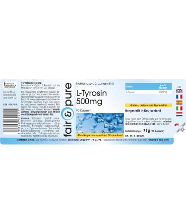 Fair & Pure - L-Tyrosine 500mg - 90 capsules - highly dosed with 1500mg of L-Tyrosine per daily dose - Buy Online on GoSupps.com