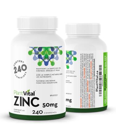 PlantVital Zinc Supplements 50mg (240 Count) - Immune Support Healthy Bones Hair Nail and Skin with Zinc Gluconate 50mg - Made in Canada - Additive-Free - 480 Zinc Tablets 240 count (Pack of 2) - Buy Online on GoSupps.com