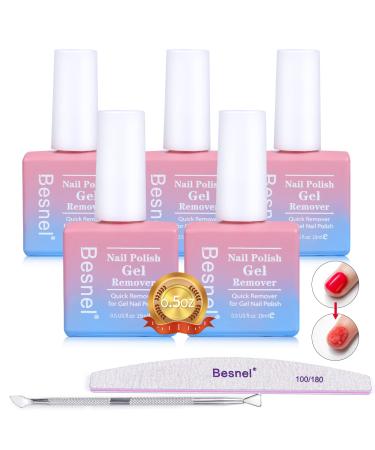 Besnel Gel Nail Polish Remover 5 Pack Professional Gel Polish Remover Non-Irritating Quick Easy,Nail Polish Gel Remover Tools Kit Nail File Cuticle Pusher Nail File Grit, Gel Polish Remover No Hurt Nails No Need For Foil Soaking Or Wrapping 1 Fl Oz (Pack 