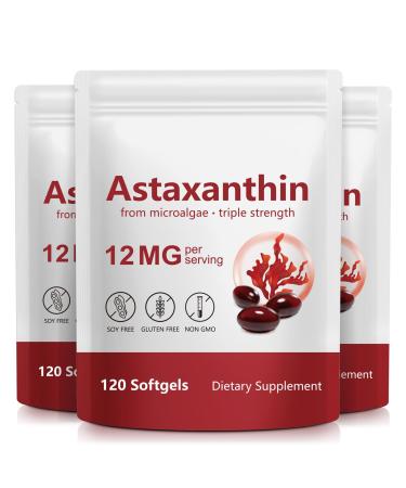 Xaarty 3Pack Premium Astaxanthin 12mg Natural Antioxidant Supplement for Eye Joint Skin Health Microalgae Source 4 Month Supply | Supports Internal Circulation 360 Softgels
