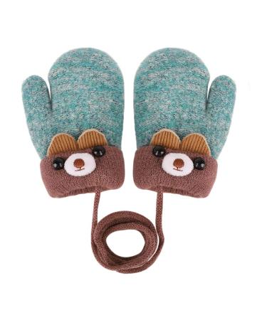 Infant Toddlers Lovely Mittens Winter Warm Cute Cartoon Gloves Dual Layers Plush Padded Knitted Gloves Mittens With Anti-Lost String for Baby Girls Boys 0-3 Years Old Light Green